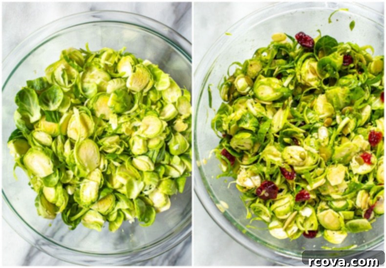 Crisp Brussels Sprout Slaw 4 A close-up shot of the raw shaved Brussels sprout salad, showcasing the texture and toppings before dressing.