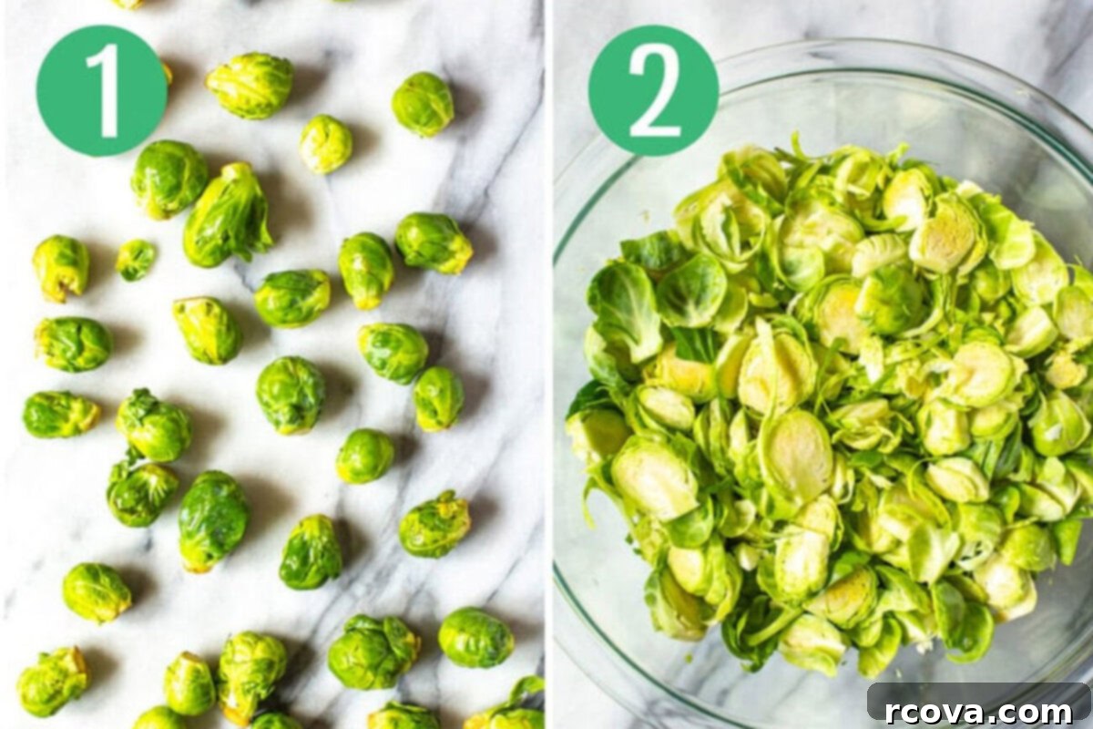 Crisp Brussels Sprout Slaw 5 Visual guide showing steps 1 and 2 for making Brussels sprout salad: how to trim and thinly slice the sprouts.