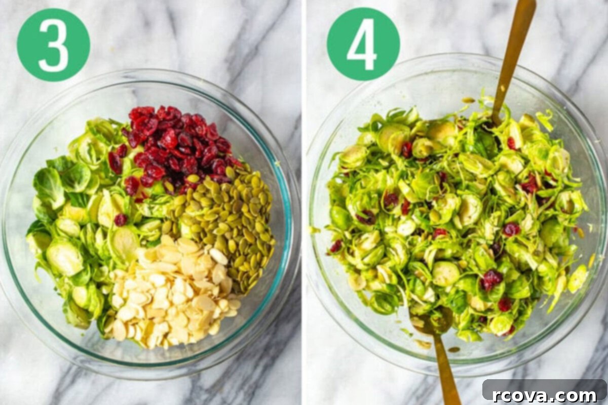 Crisp Brussels Sprout Slaw 6 Visual guide showing steps 3 and 4 for making Brussels sprout salad: adding toppings and mixing with dressing.