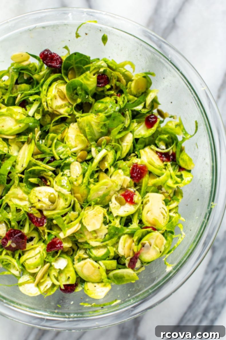 Crisp Brussels Sprout Slaw 7 A close-up, top-down view of the freshly prepared shaved Brussels sprout salad, showcasing its vibrant colors.