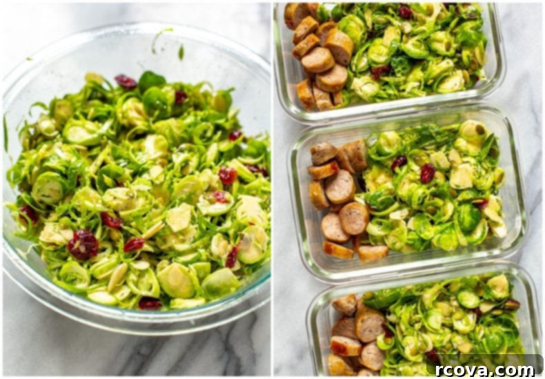 Crisp Brussels Sprout Slaw 8 A close-up of a serving of shaved Brussels sprout salad with roasted turkey sausage in a meal prep container.