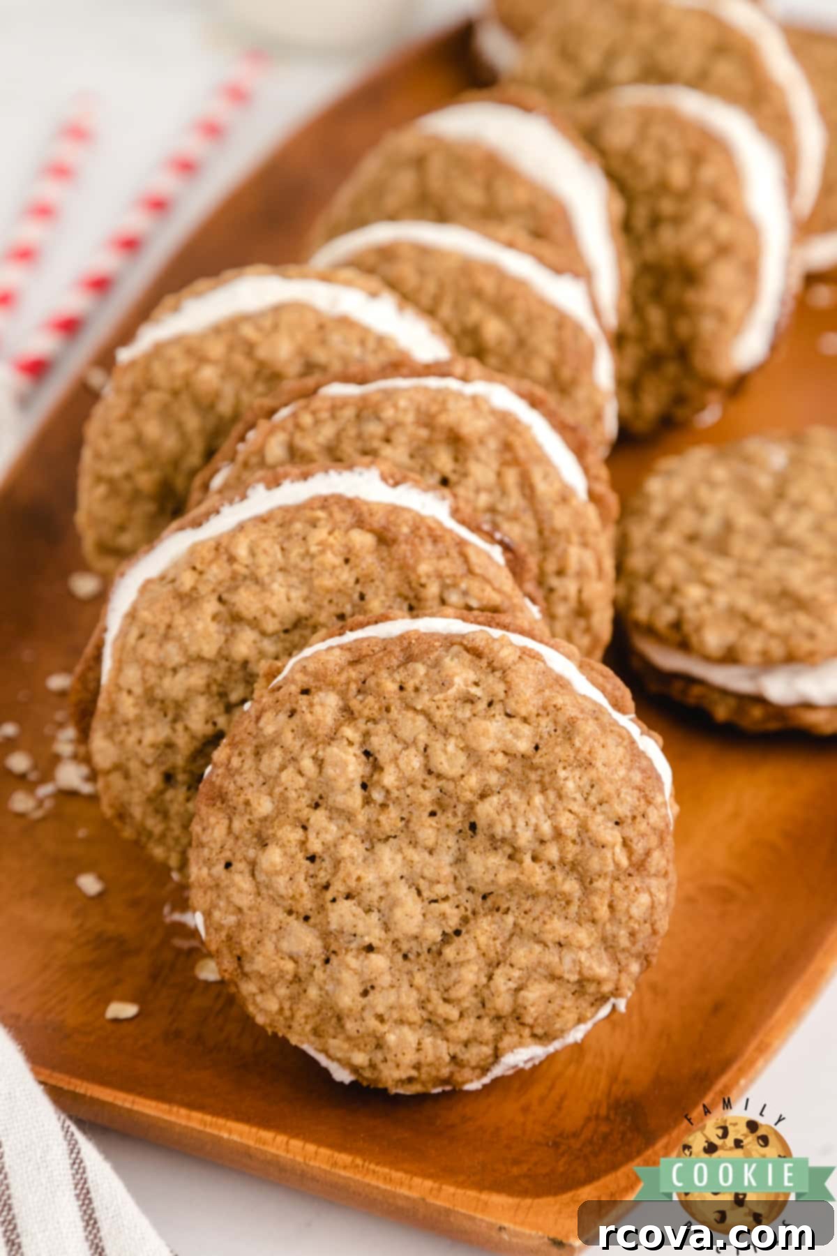 Dreamy Oatmeal Cream Cookies 13 A stack of oatmeal cookie sandwiches filled with creamy marshmallow buttercream, a perfect homemade dessert