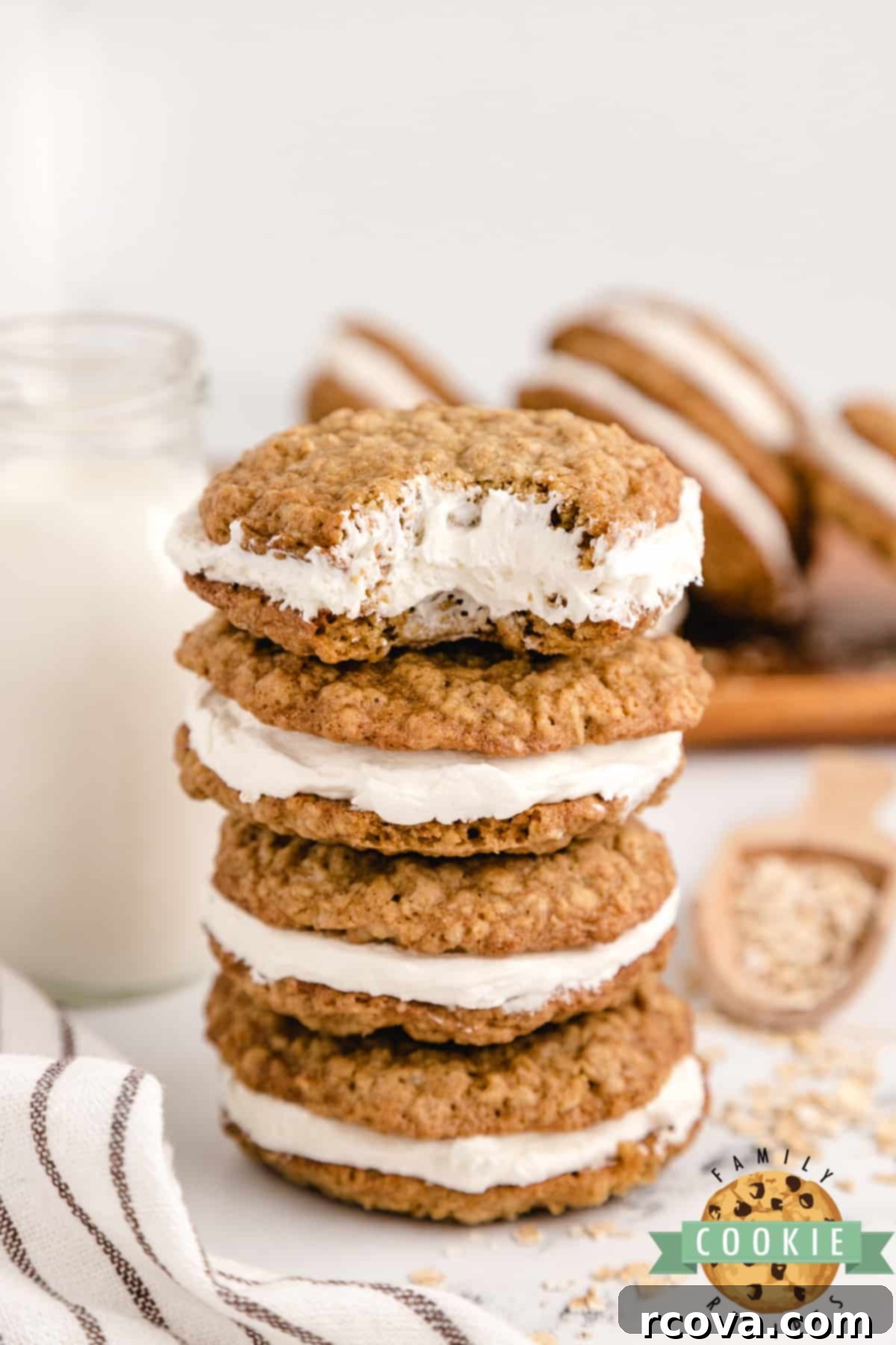 Dreamy Oatmeal Cream Cookies 4 Close-up of a homemade copycat Little Debbie's Oatmeal Cream Pie, showing the soft cookie texture and creamy white filling