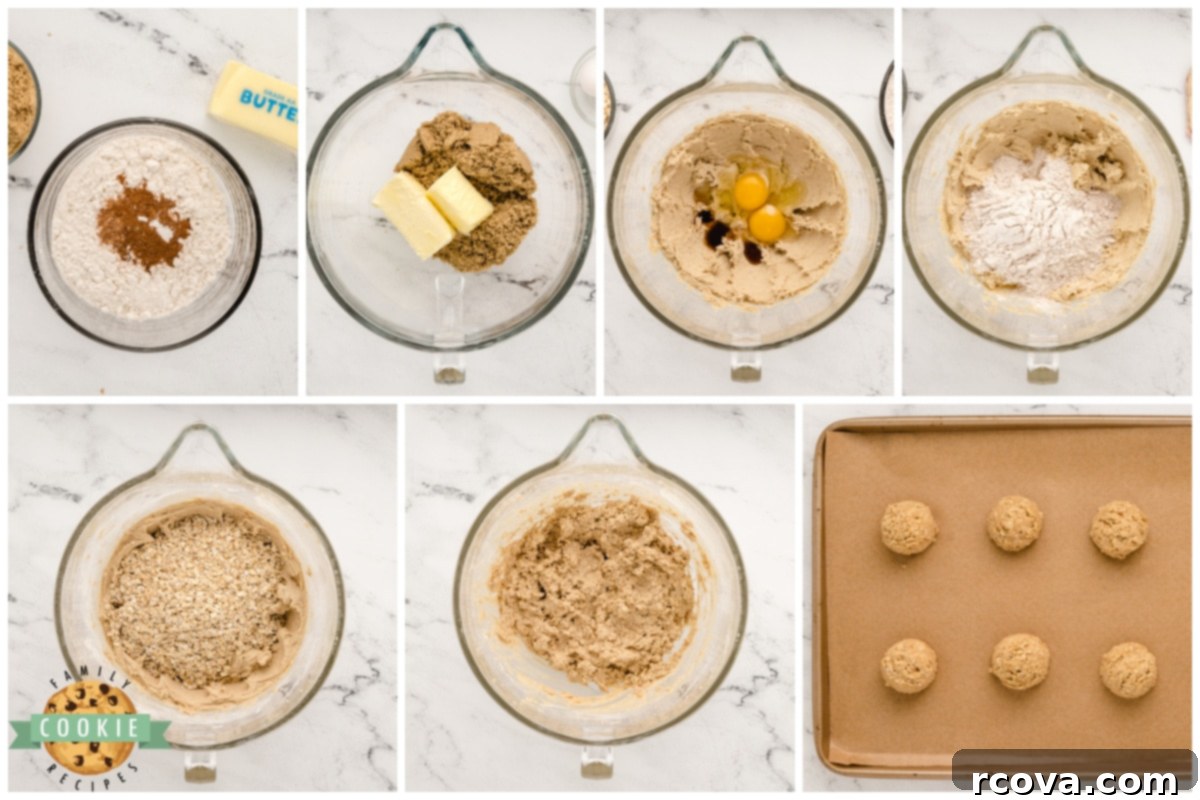 Dreamy Oatmeal Cream Cookies 7 Step-by-step visuals showing oatmeal cookie dough being prepared, scooped onto a baking sheet, and baked until golden