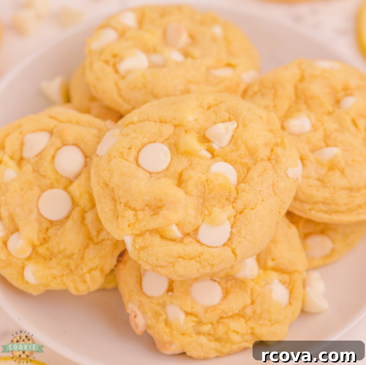 Velvet White Chocolate Lemon Dreams 5 Close-up of freshly baked White Chocolate Chip Lemon Cookies.