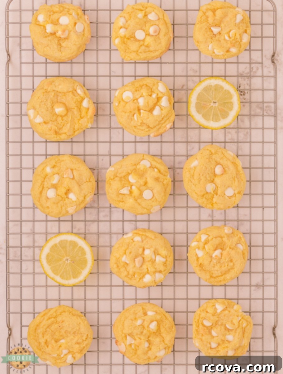 Velvet White Chocolate Lemon Dreams 8 Warm lemon cream cookies with white chocolate chips on a cooling rack.