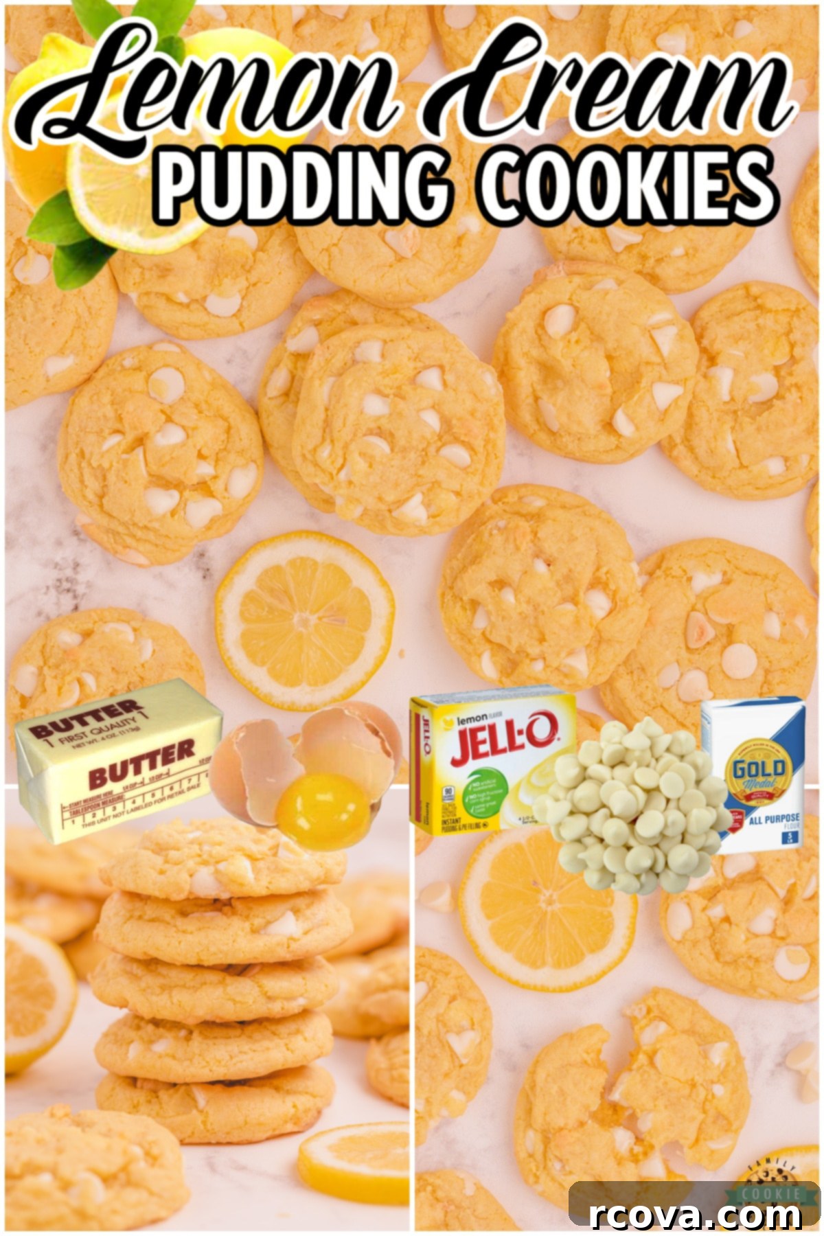 Velvet White Chocolate Lemon Dreams 9 A collage featuring soft, chewy White Chocolate Chip Lemon Cookies with rich lemon and white chocolate flavors, perfect spring cookies thanks to lemon pudding mix.