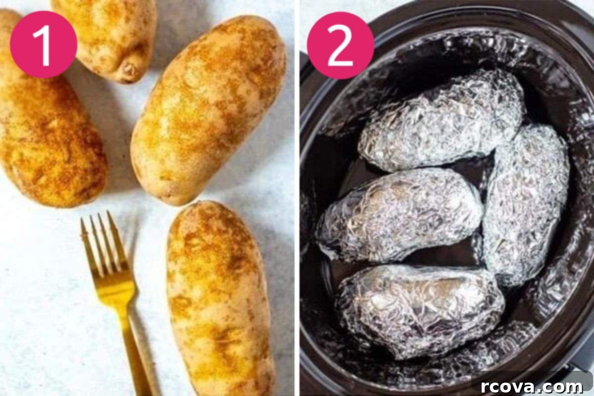 Set and Forget Crockpot Potatoes 5 Image showing Step 1: pricking raw potatoes with a fork and wrapping them in aluminum foil, and Step 2: placing the foil-wrapped potatoes into a crockpot to cook.