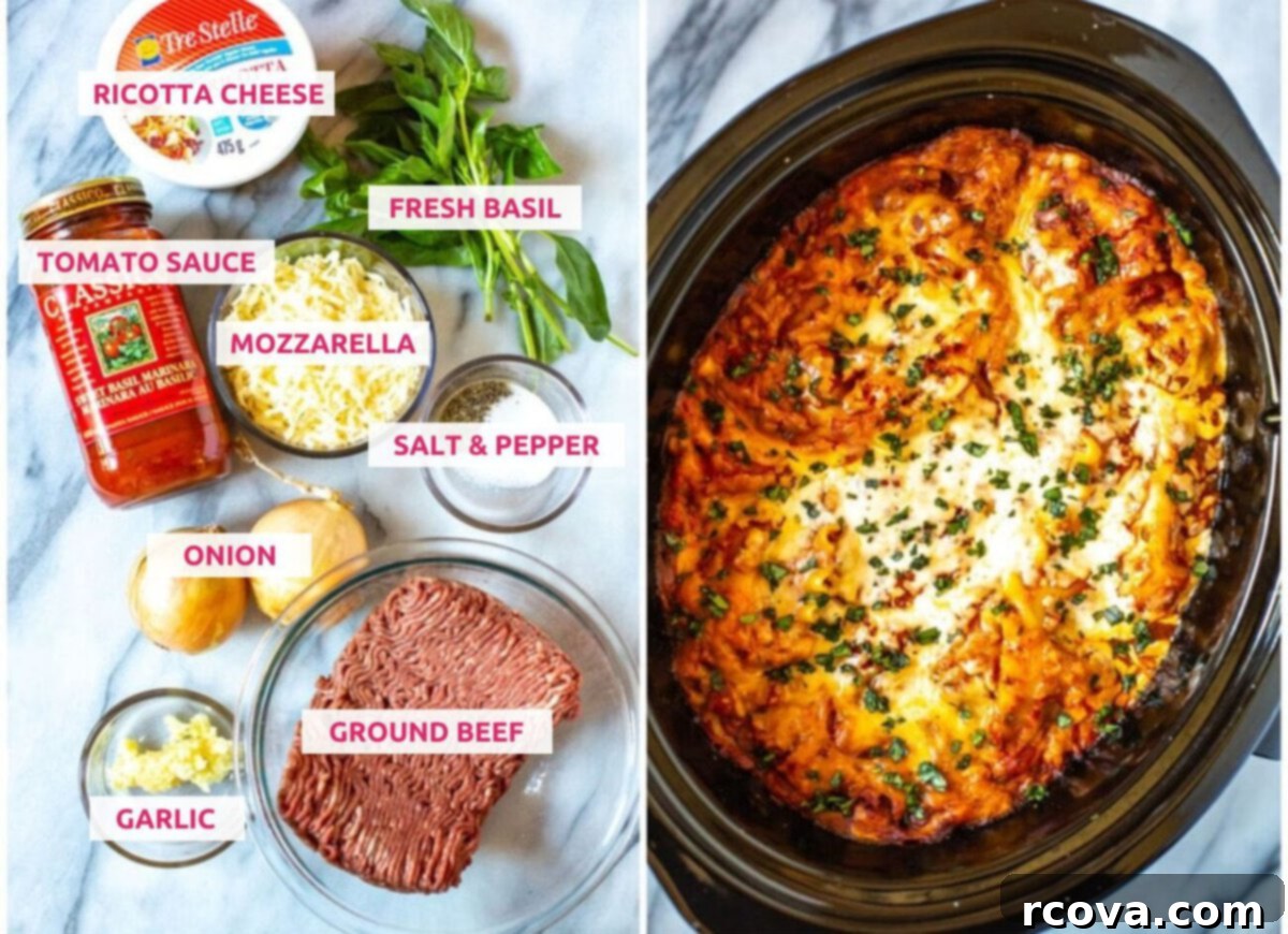 Set-and-Forget Slow Cooker Lasagna 4 Ingredients for making lasagna in the crockpot: ground beef, onion, garlic, salt & pepper, tomato sauce, lasagna noodles, ricotta, mozzarella and fresh basil