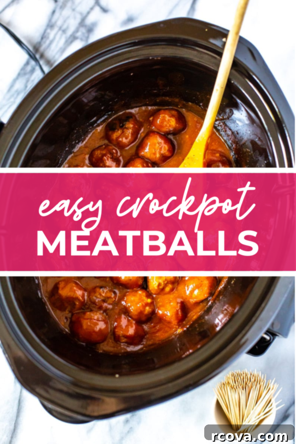 Sticky Honey Garlic BBQ Slow Cooker Meatballs 11 Honey garlic meatballs in a crockpot, close-up with steam.
