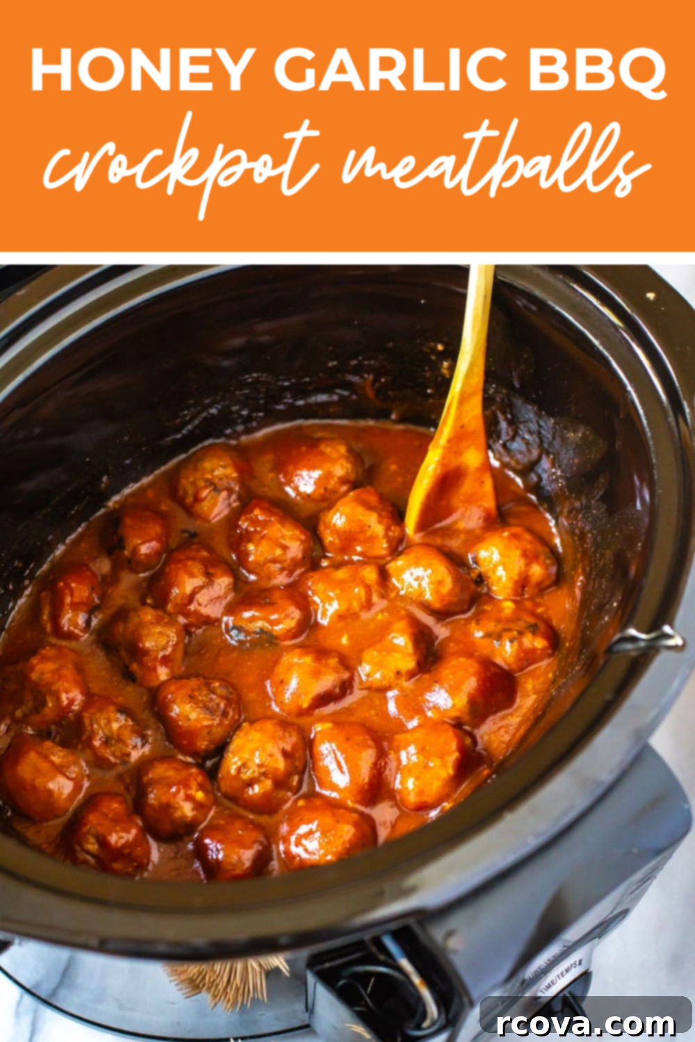 Sticky Honey Garlic BBQ Slow Cooker Meatballs 12 Honey garlic BBQ meatballs in a crockpot, ready to be served at a party.