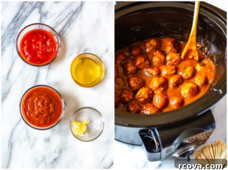 Sticky Honey Garlic BBQ Slow Cooker Meatballs 4 Close-up of a bowl of Honey Garlic BBQ Crockpot Meatballs, garnished with fresh herbs