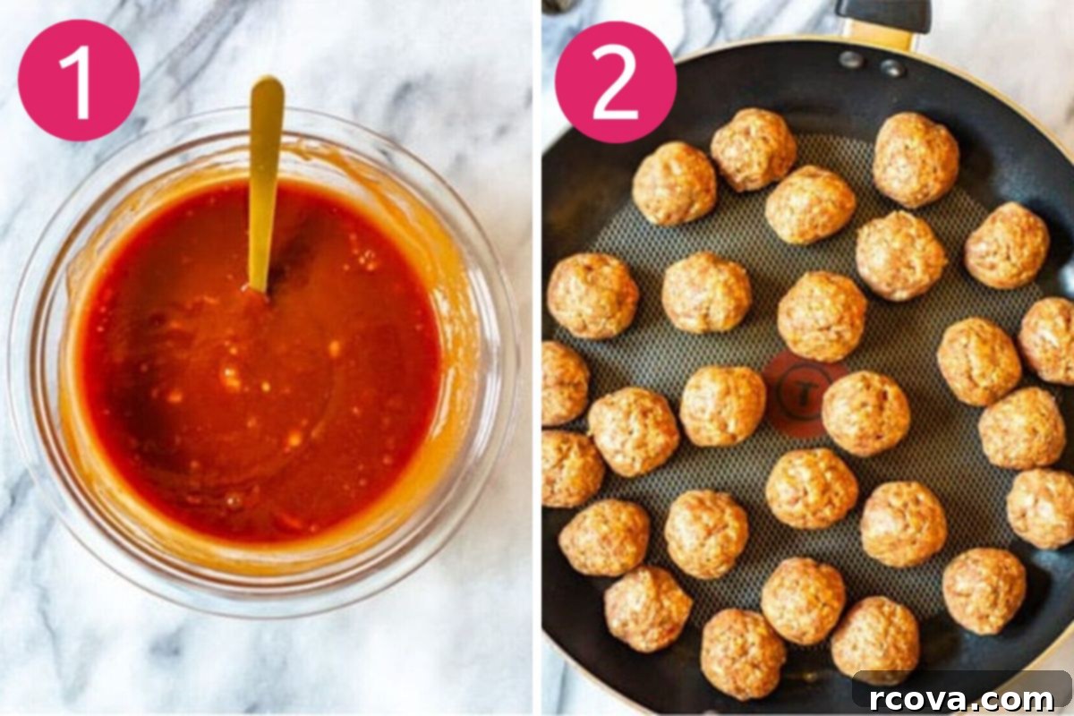 Sticky Honey Garlic BBQ Slow Cooker Meatballs 5 Preparation steps 1 and 2 for making crockpot BBQ meatballs: mixing sauce and browning meatballs