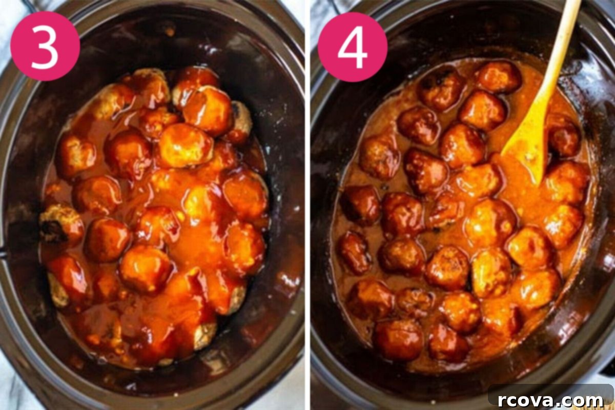 Sticky Honey Garlic BBQ Slow Cooker Meatballs 6 Preparation steps 3 and 4 for making BBQ crockpot meatballs: adding sauce and slow cooking