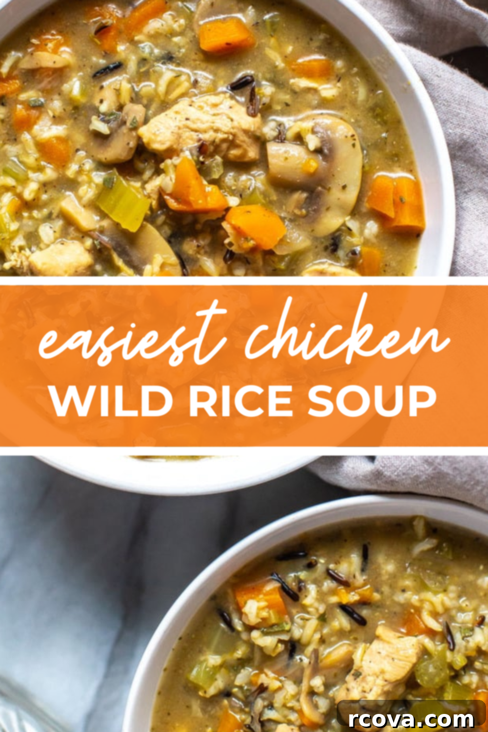 Effortless Comfort Chicken Wild Rice Soup 12 overhead shot of plated dish with orange banner in the middle reading "easiest chicken wild rice soup"
