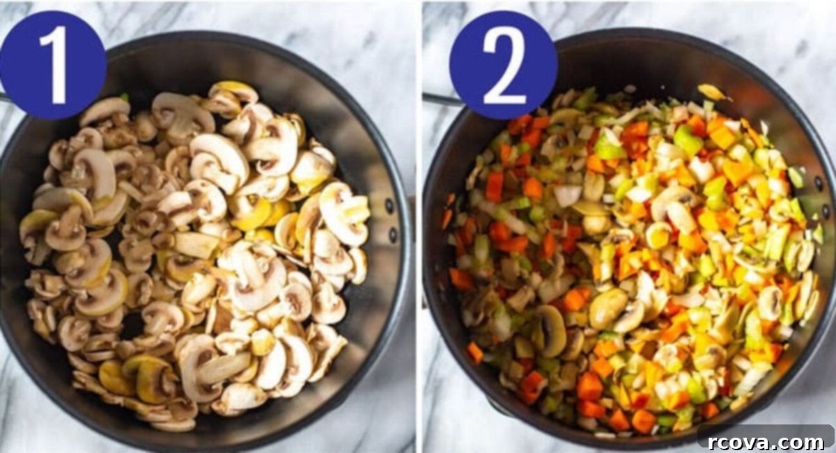 Effortless Comfort Chicken Wild Rice Soup 5 Steps 1 and 2 for making chicken wild rice soup: Saute the mushrooms and cook the veggies.