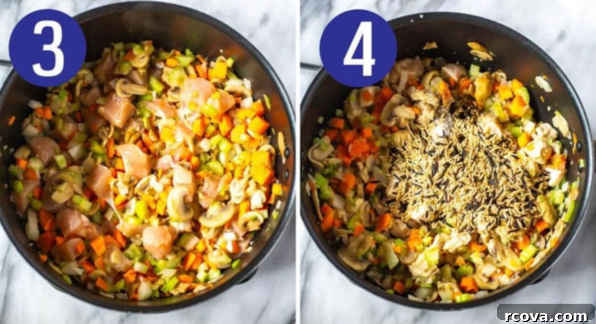 Effortless Comfort Chicken Wild Rice Soup 6 Steps 3 and 4 for making chicken wild rice soup: Add the chicken and rice.
