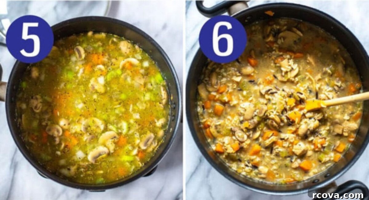 Effortless Comfort Chicken Wild Rice Soup 7 Steps 5 and 6 for making chicken wild rice soup: Simmer soup then serve and enjoy.