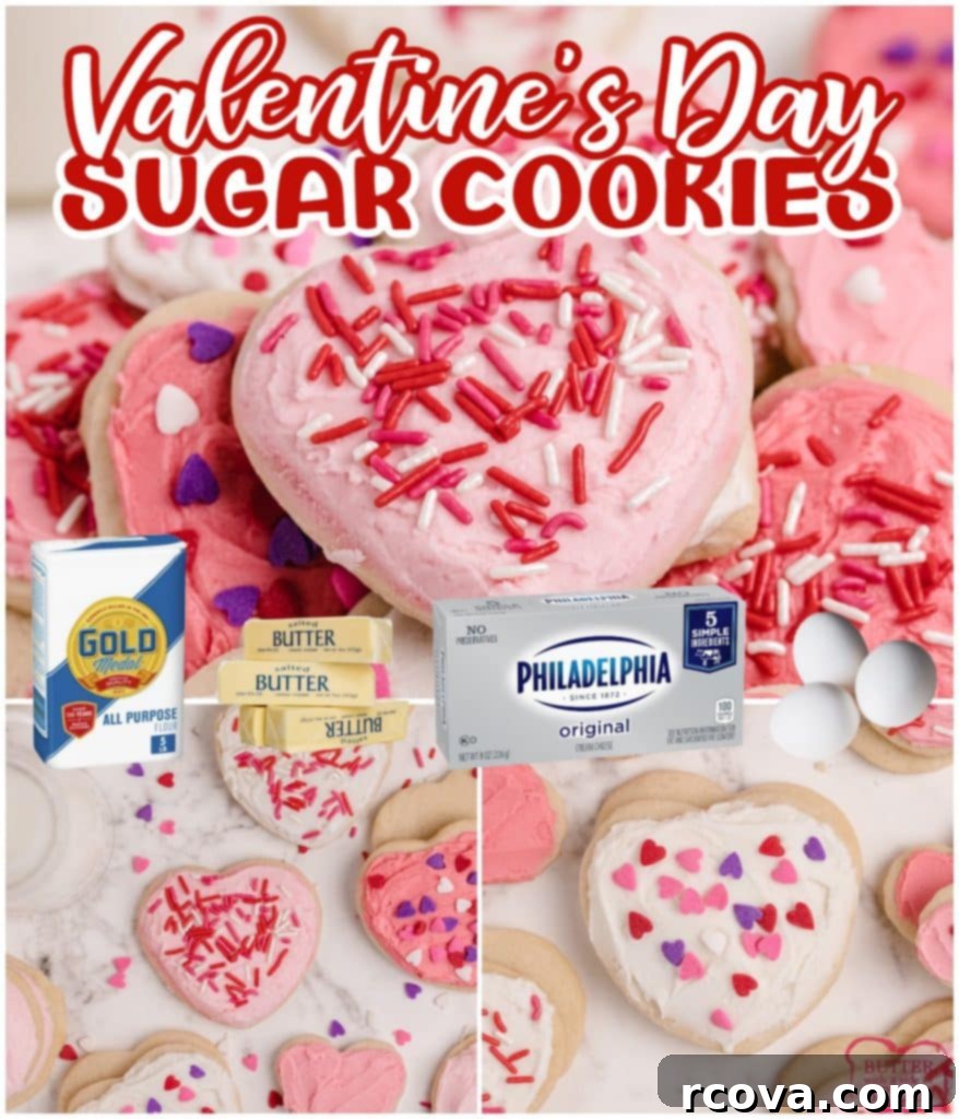 Love-Infused Sugar Delights 11 A beautiful collage showcasing Valentine's Sugar Cookies in various stages, from dough to decorated heart shapes, emphasizing their soft, thick, and moist texture.
