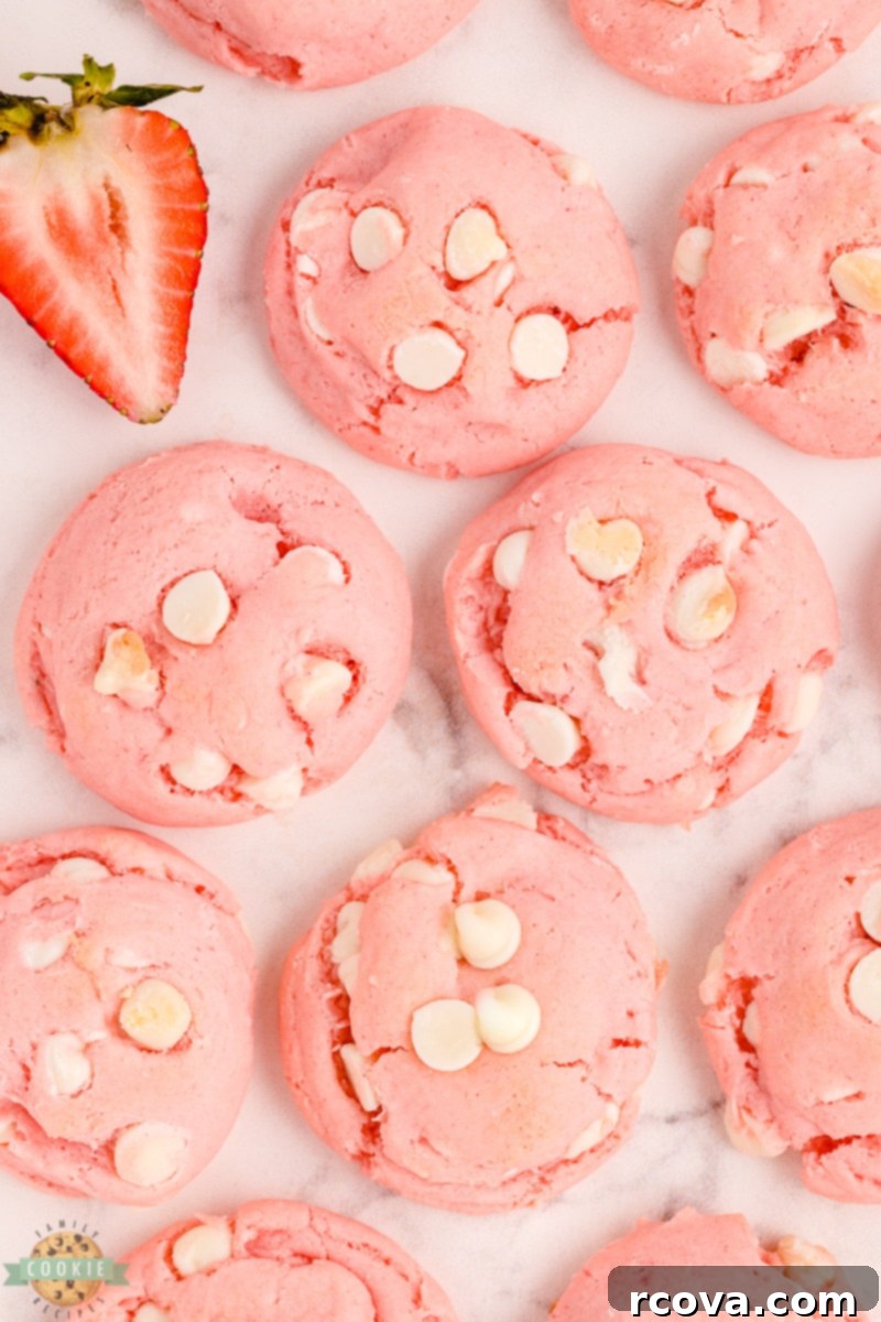 Sweet Valentine's Cookie Creations 16 Soft and chewy White Chocolate Strawberry Cake Mix Cookies, made with just 4 ingredients, including white chocolate chips for a sweet treat.