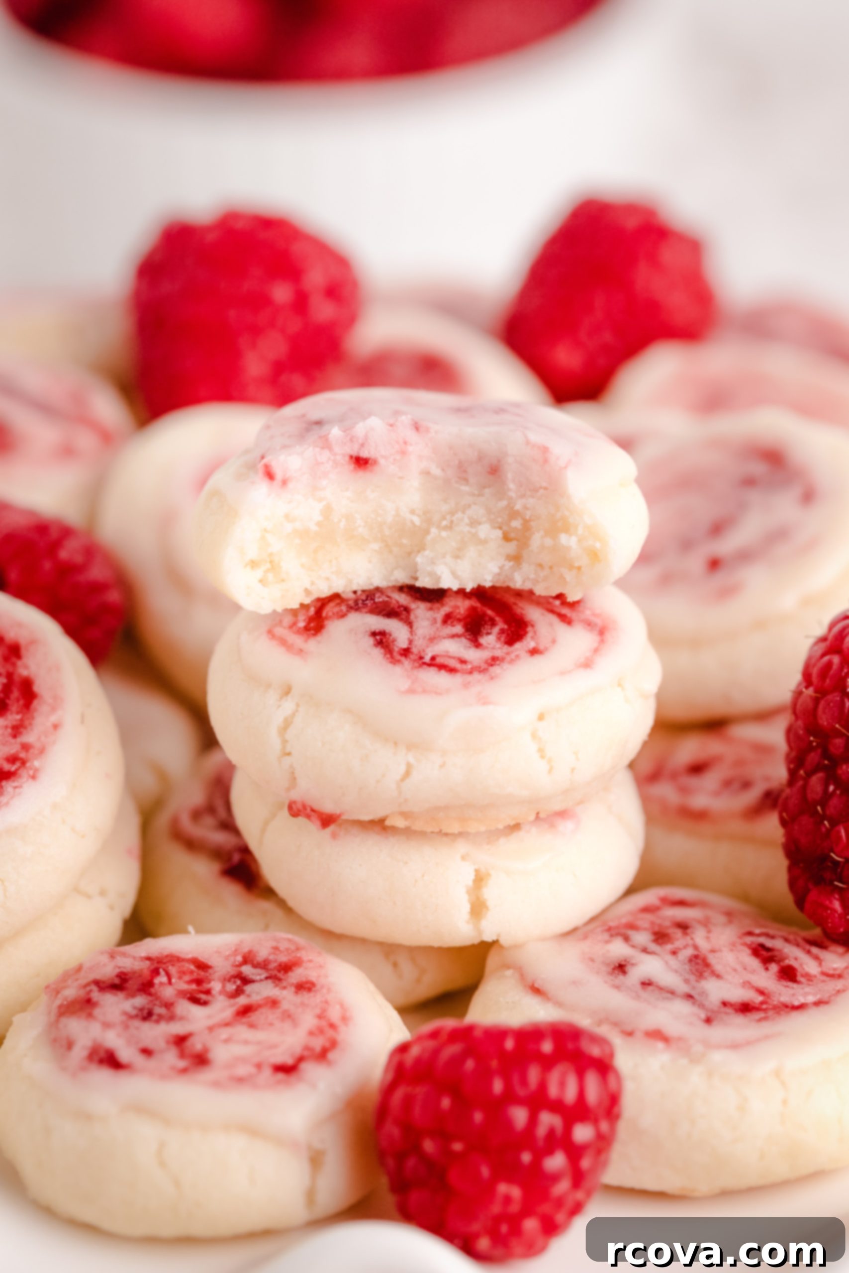 Sweet Valentine's Cookie Creations 20 Soft and delicate Raspberry Meltaway Cookies with a sweet vanilla glaze swirled with raspberry jam, truly melting in your mouth.