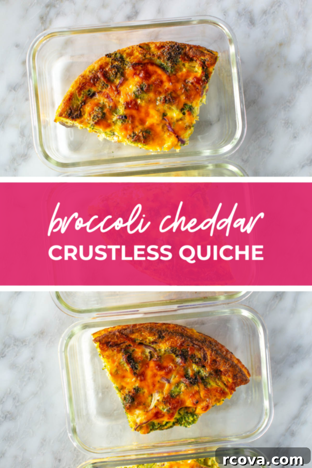 Low Carb Crustless Broccoli Cheddar Quiche 12 Overhead shot of plated dish with pink banner in the middle - reading "broccoli cheddar crust less quiche"