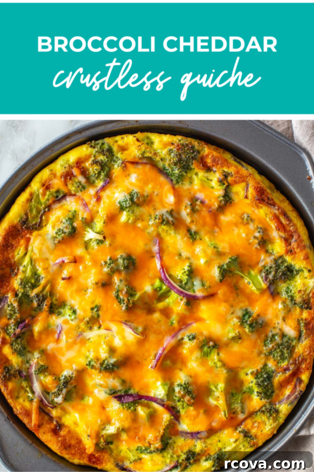 Low Carb Crustless Broccoli Cheddar Quiche 13 Overhead shot of plated dish with green banner on the top - reading "broccoli cheddar crust less quiche"