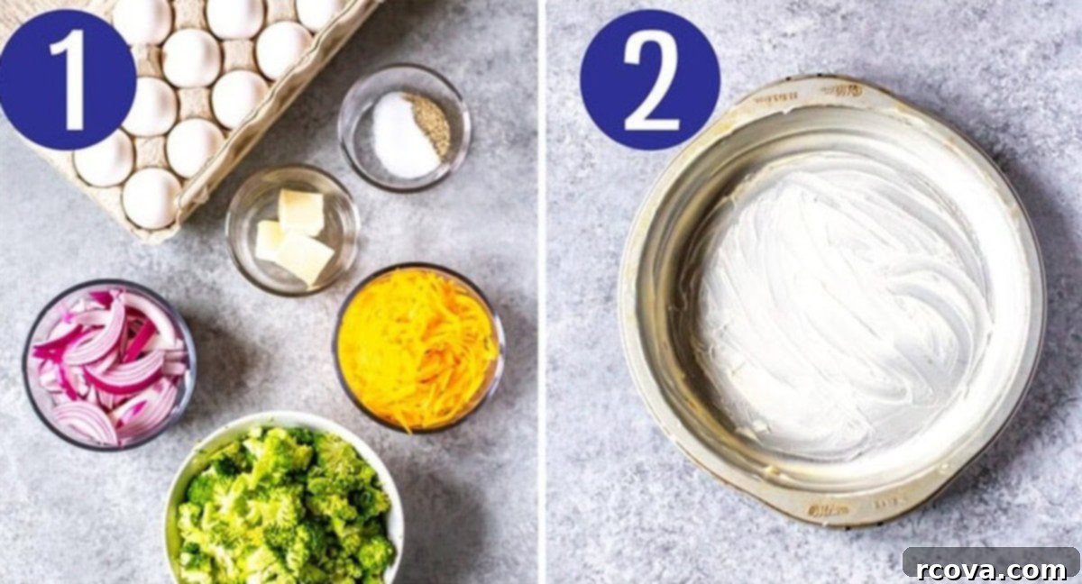 Low Carb Crustless Broccoli Cheddar Quiche 5 Steps 1 and 2 for making broccoli cheddar quiche: Assemble ingredients then grease pan, showing fresh ingredients and a prepared baking dish.