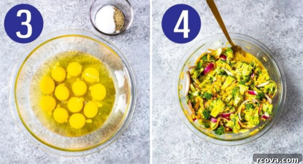 Low Carb Crustless Broccoli Cheddar Quiche 6 Steps 3 and 4 for making broccoli cheddar quiche: Whisk eggs until combined, then stir in chopped vegetables and grated cheese into the egg mixture.