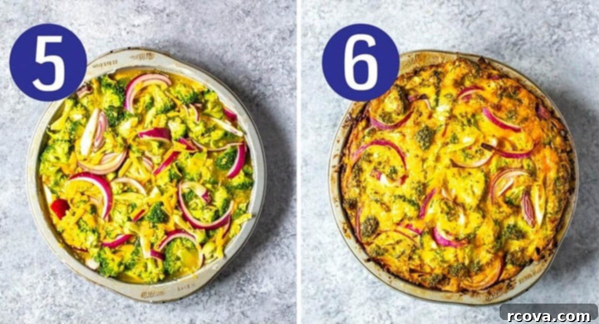Low Carb Crustless Broccoli Cheddar Quiche 7 Steps 5 and 6 for making broccoli cheddar quiche: Pour the egg mixture into the greased pan and bake until golden brown and set.
