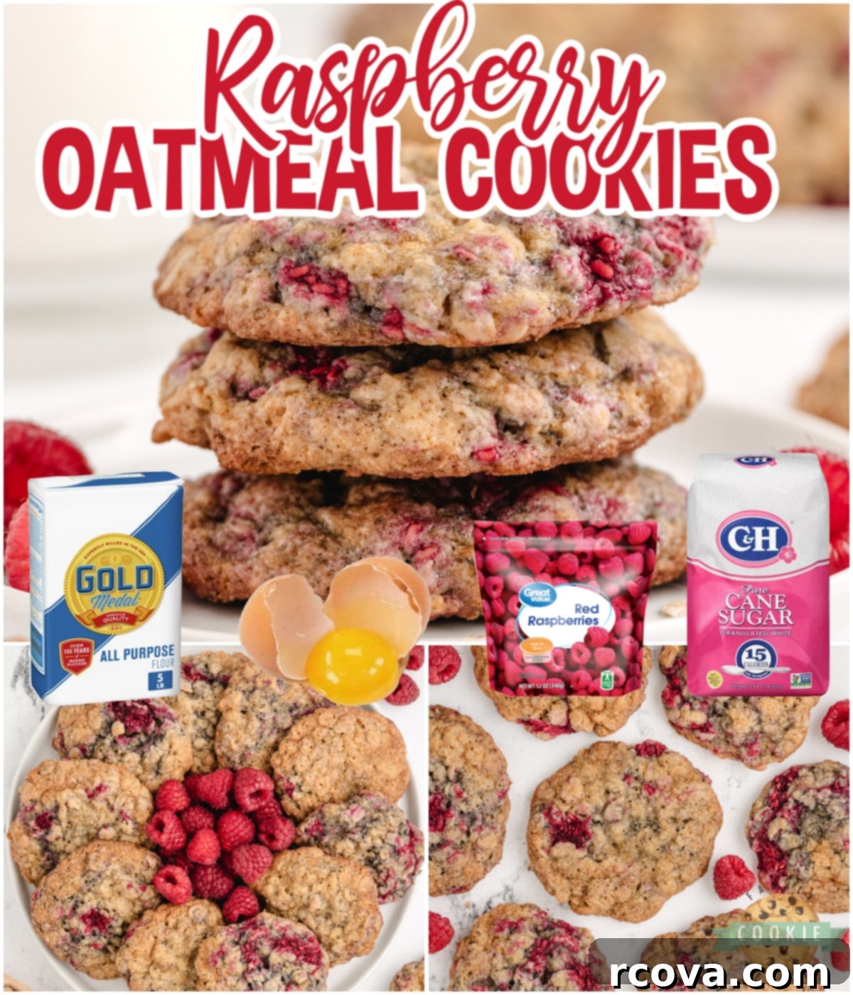 Chewy Raspberry Oatmeal Cookies 5 A collage of Raspberry Oatmeal Cookies, showcasing their soft, chewy texture and the vibrant raspberries, an amazing oatmeal cookie recipe with a delicious twist!
