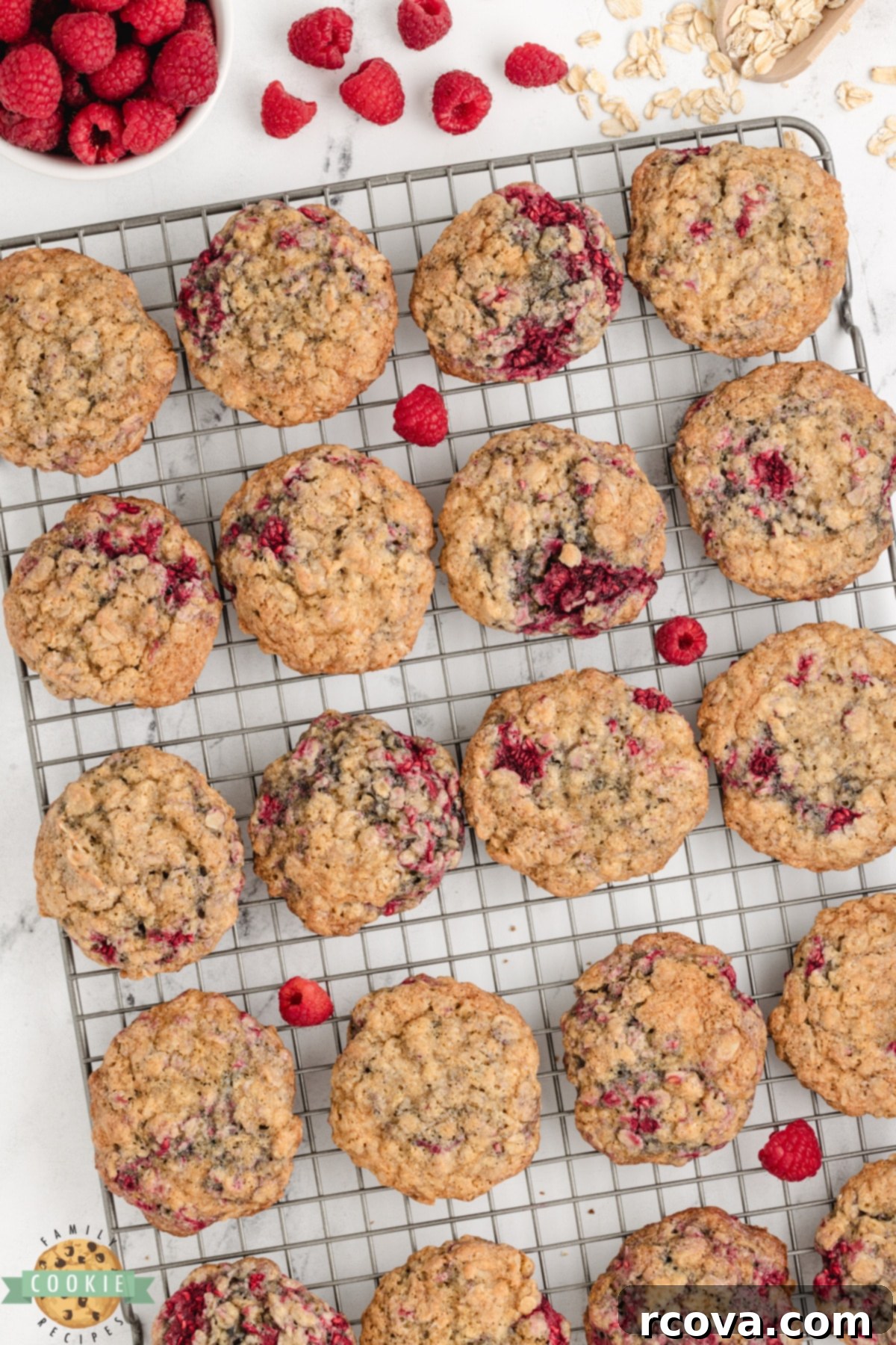 Chewy Raspberry Oatmeal Cookies 7 Freshly baked oatmeal cookies cooling on a wire rack, featuring raspberries throughout.
