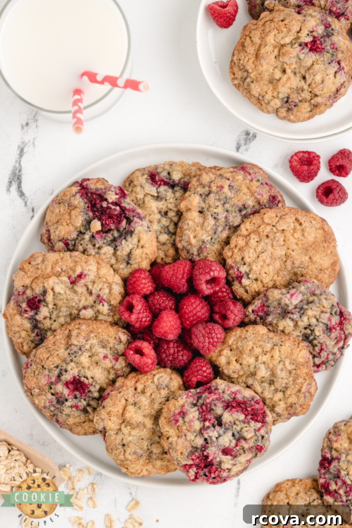 Chewy Raspberry Oatmeal Cookies 8 A beautiful plate of homemade oatmeal raspberry cookies, ready to be enjoyed.