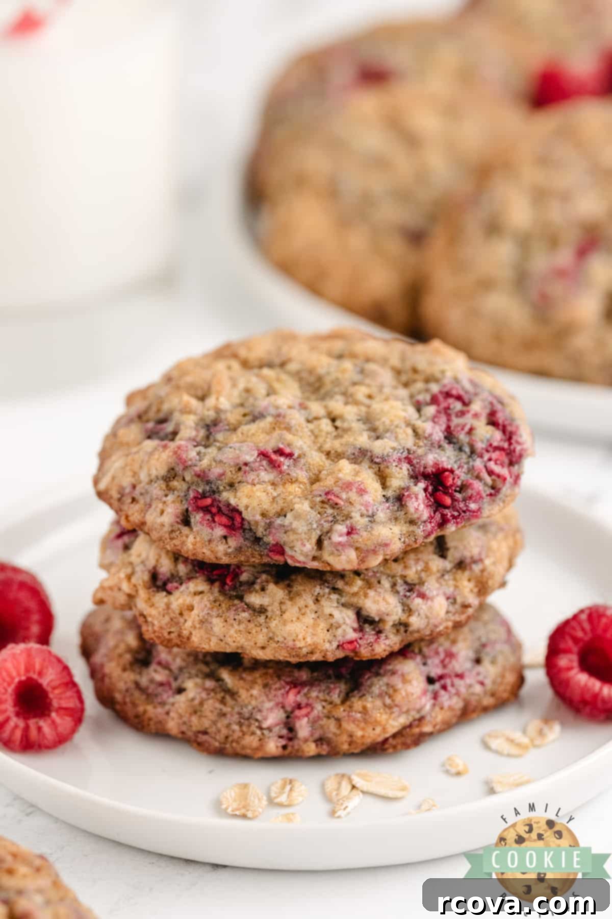 Chewy Raspberry Oatmeal Cookies 9 Close-up of a perfectly baked oatmeal cookie with raspberries, ready to be enjoyed.