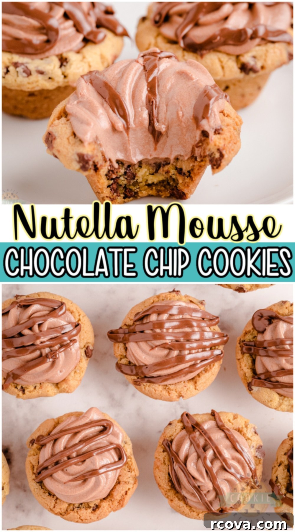 Nutella Cloud Cookies 12 A Pinterest pin image for Nutella Mousse Cookies, showing a close-up of several cookies with a prominent Nutella drizzle and chocolate chips.