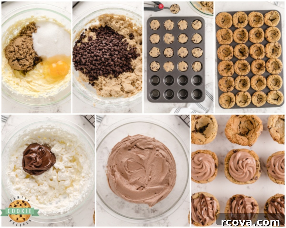 Nutella Cloud Cookies 6 Step-by-step process of making cookie dough: butter and shortening being creamed, then sugar and eggs added, and finally dry ingredients being mixed in.
