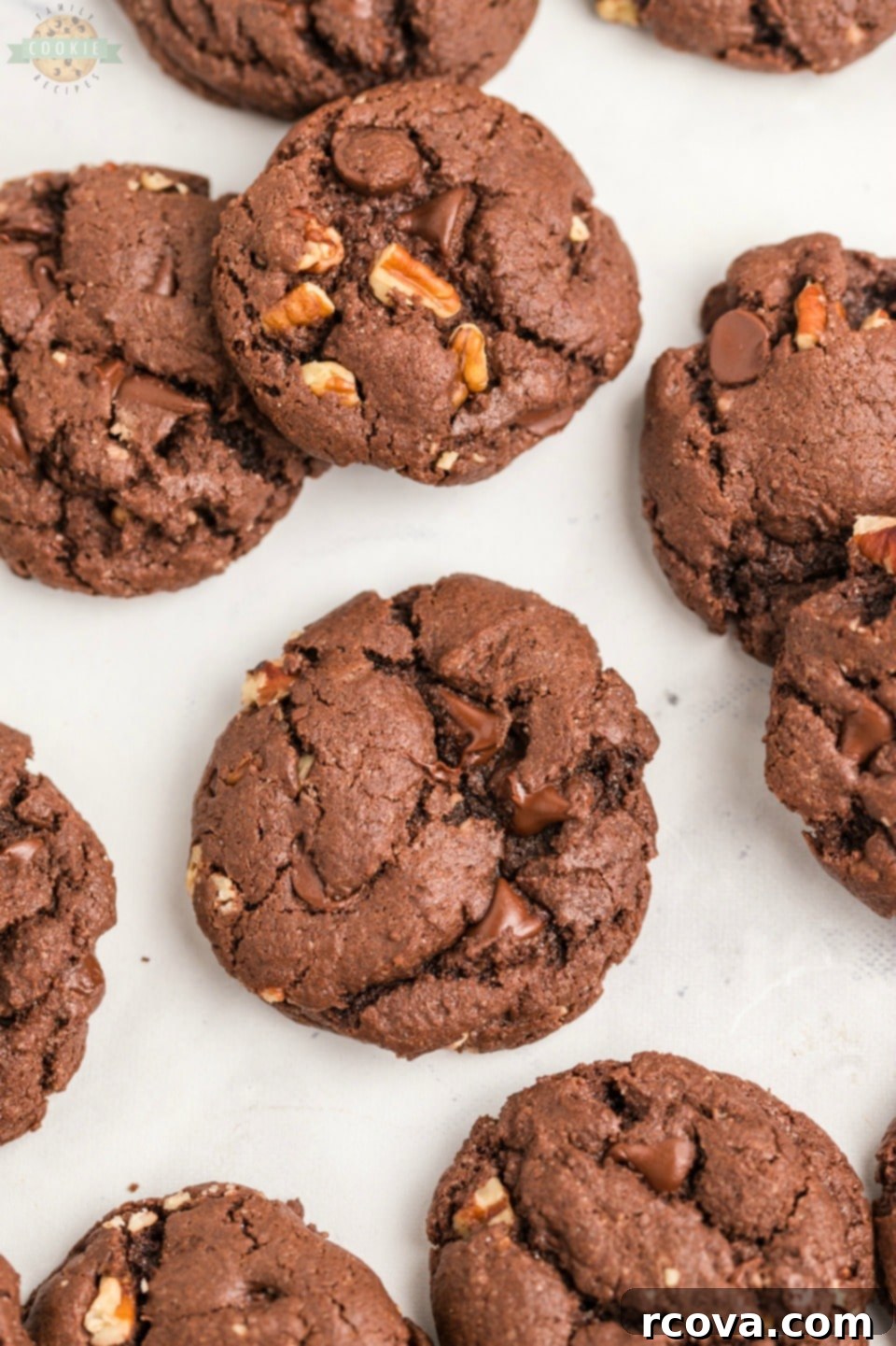Cake Mix Magic Chocolate Cookies 9 Stacked chocolate cake mix cookies, ready for storage or freezing.