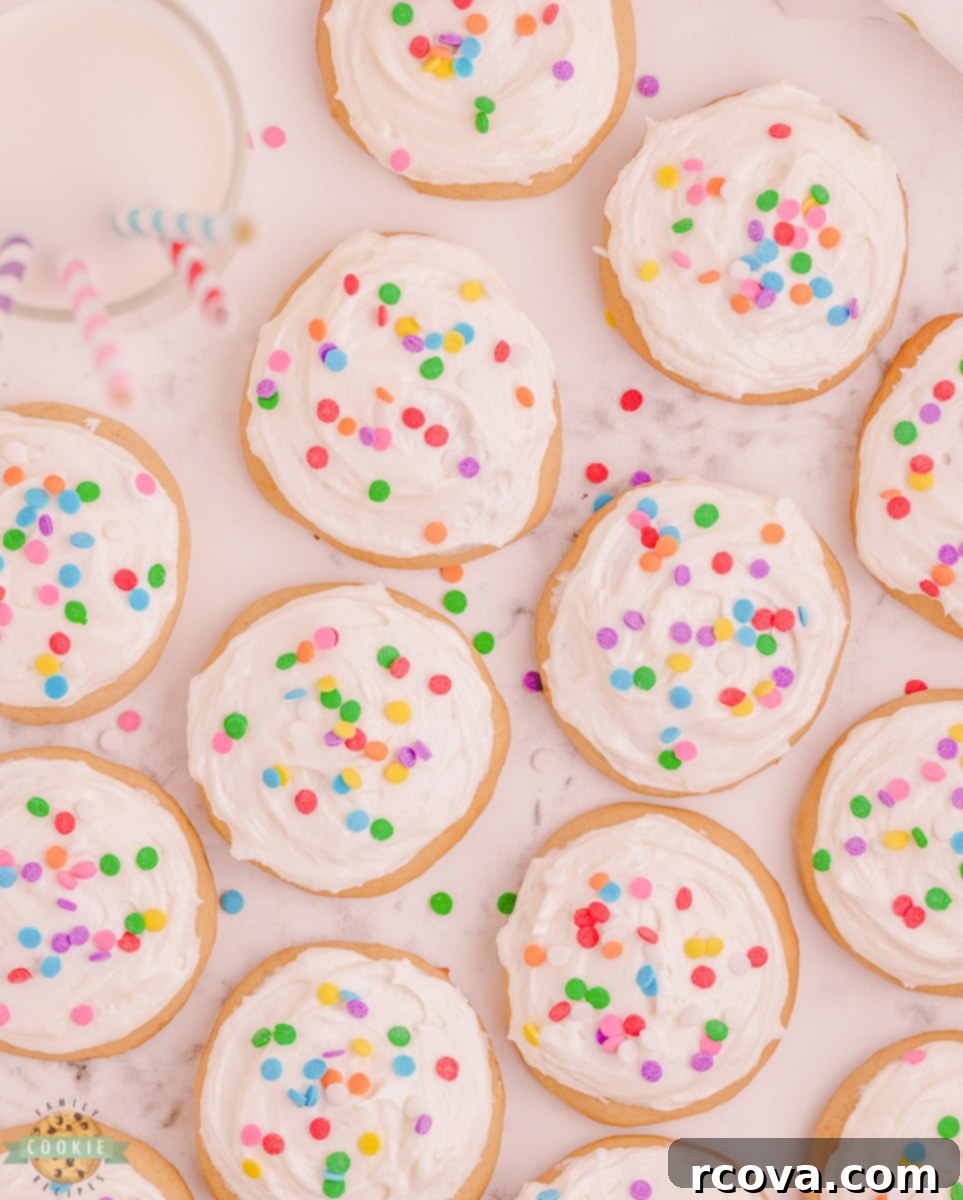 Velvety Buttermilk Sugar Cookies 4 Frosted buttermilk sugar cookies with festive sprinkles