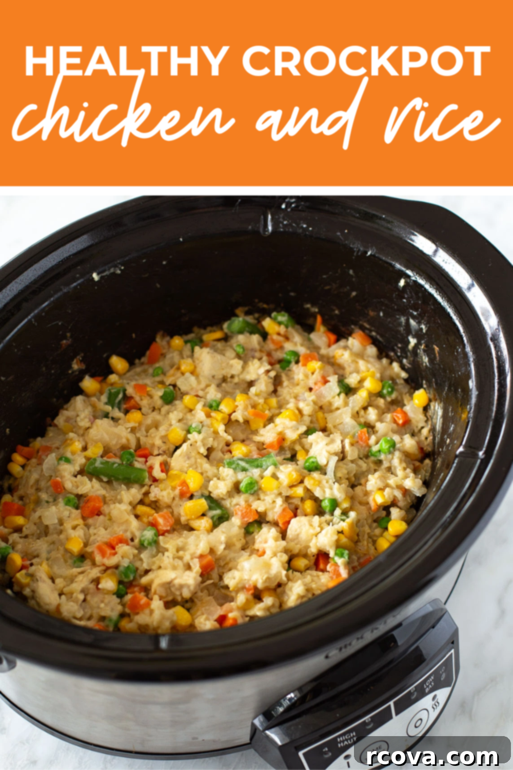 Effortless Slow Cooker Chicken and Rice 11 Overhead shot of plated dish with orange banner on the top- reading "healthy crockpot chicken and rice"