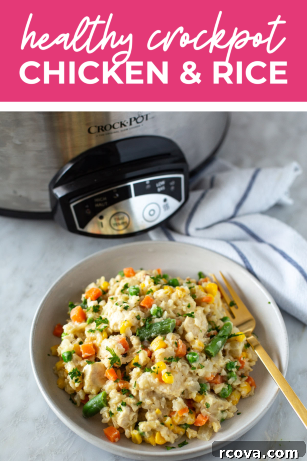 Effortless Slow Cooker Chicken and Rice 12 Overhead shot of plated dish with pink banner on the top- reading "healthy crockpot chicken & rice"