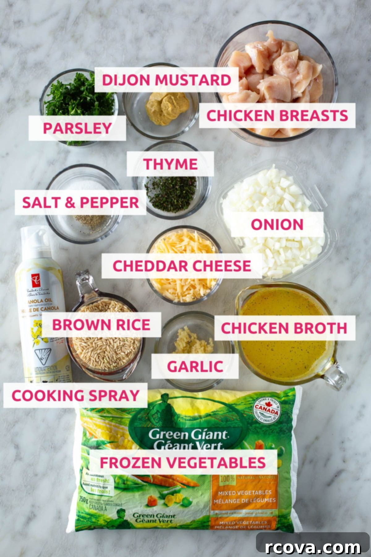 Effortless Slow Cooker Chicken and Rice 4 A vibrant flat lay of all the fresh ingredients needed for crockpot chicken and rice: diced chicken breasts, brown rice, chopped onion, minced garlic, fresh parsley, cheddar cheese, dried thyme, salt, pepper, Dijon mustard, and a bag of frozen mixed vegetables, all arranged appealingly.