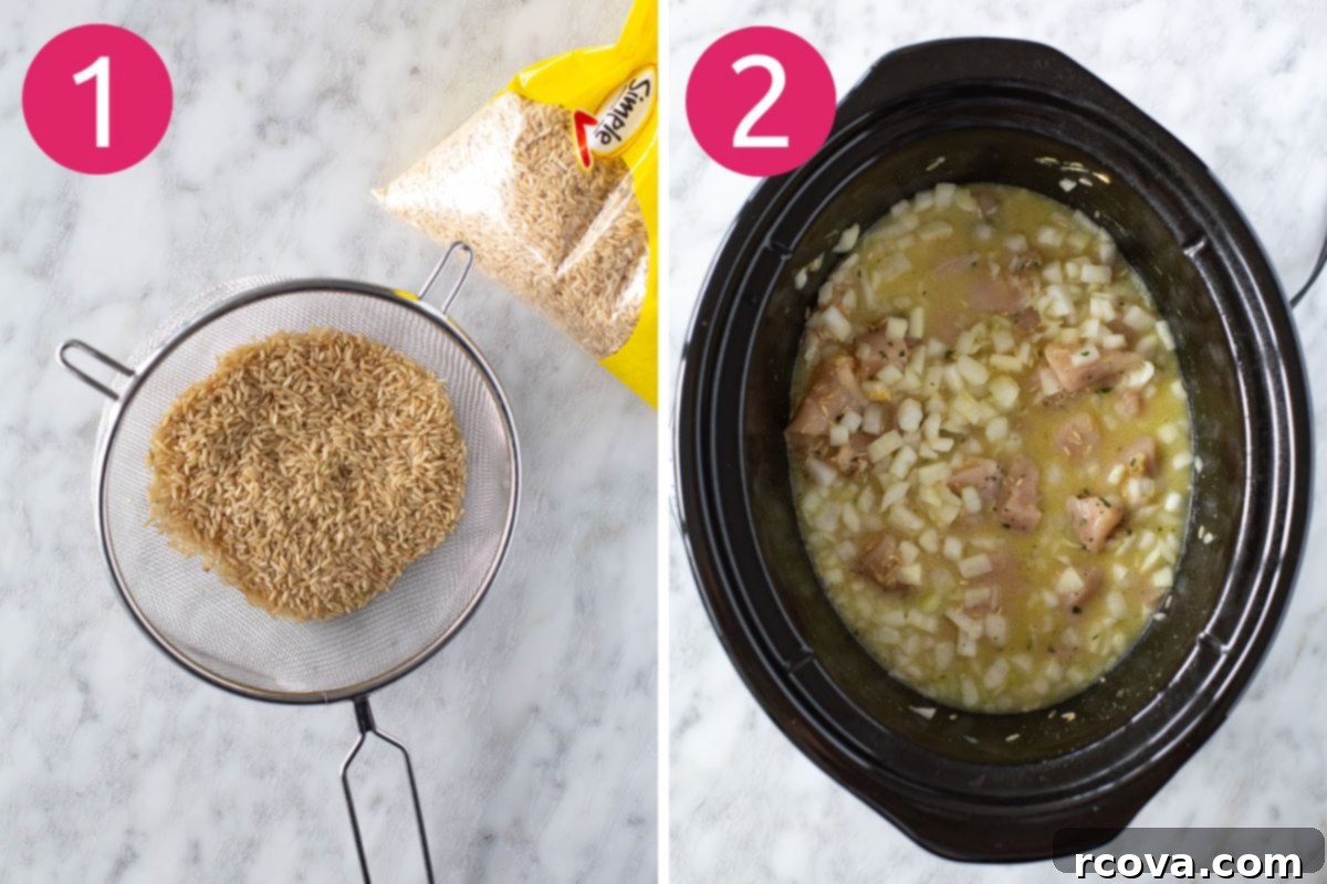 Effortless Slow Cooker Chicken and Rice 5 Step-by-step photos illustrating the first two stages of making crockpot chicken and rice: 1) rinsing brown rice in a sieve, and 2) adding diced chicken, onion, spices, and rice to a greased slow cooker.