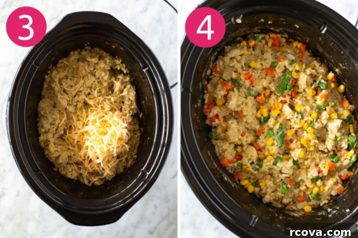 Effortless Slow Cooker Chicken and Rice 6 Step-by-step photos illustrating the final two stages of making crockpot chicken and rice: 3) the slow cooker bubbling with chicken and rice cooking, and 4) stirring in melted cheddar cheese and microwaved mixed vegetables.