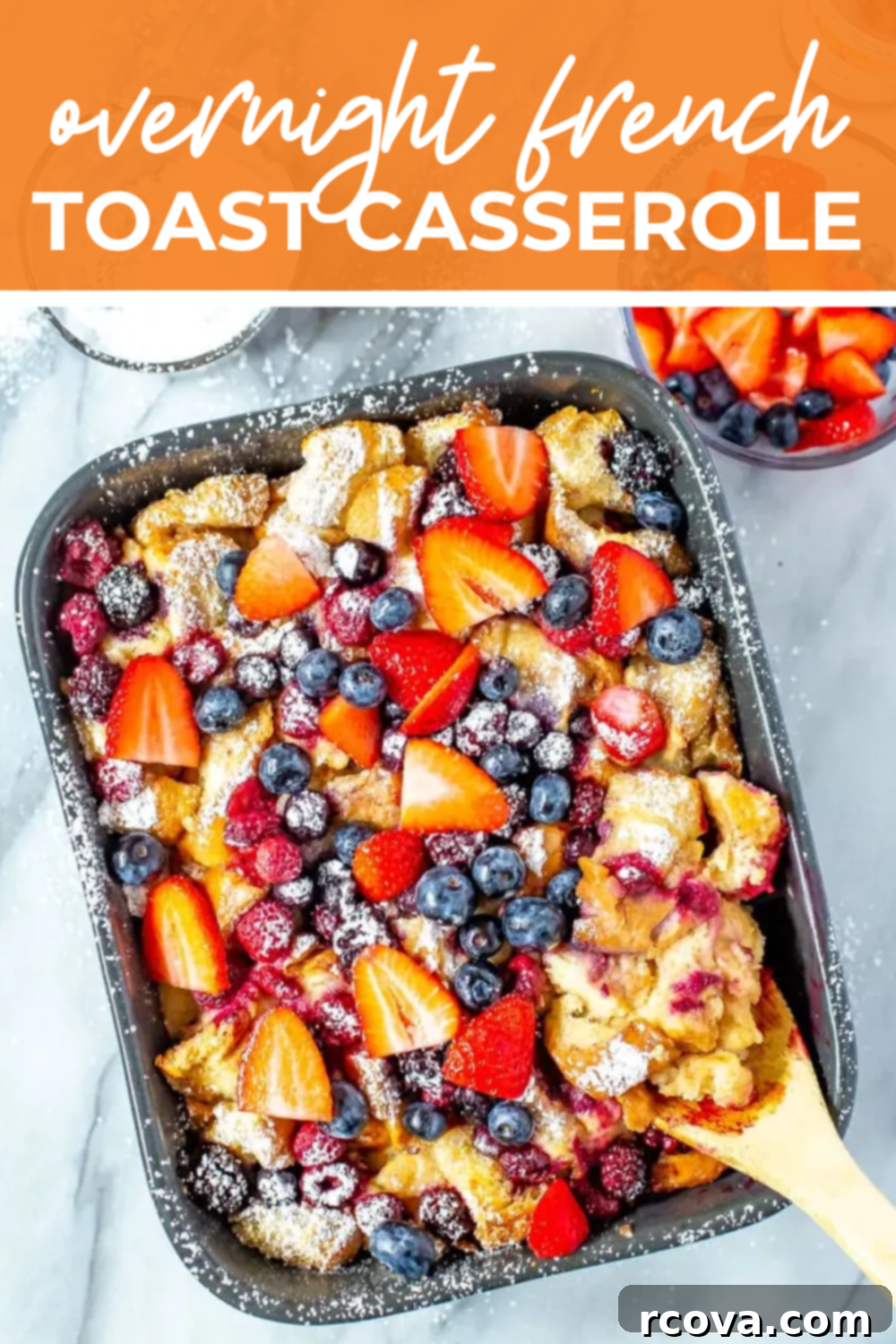 Simple Make-Ahead French Toast Bake 10 Overhead shot of plated dish with orange banner on the top- reading "overnight french toast casserole"