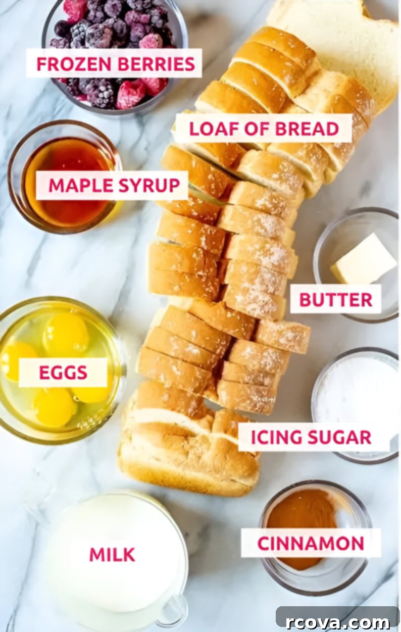 Simple Make-Ahead French Toast Bake 3 Overhead shot of the ingredients for easy overnight french toast casserole