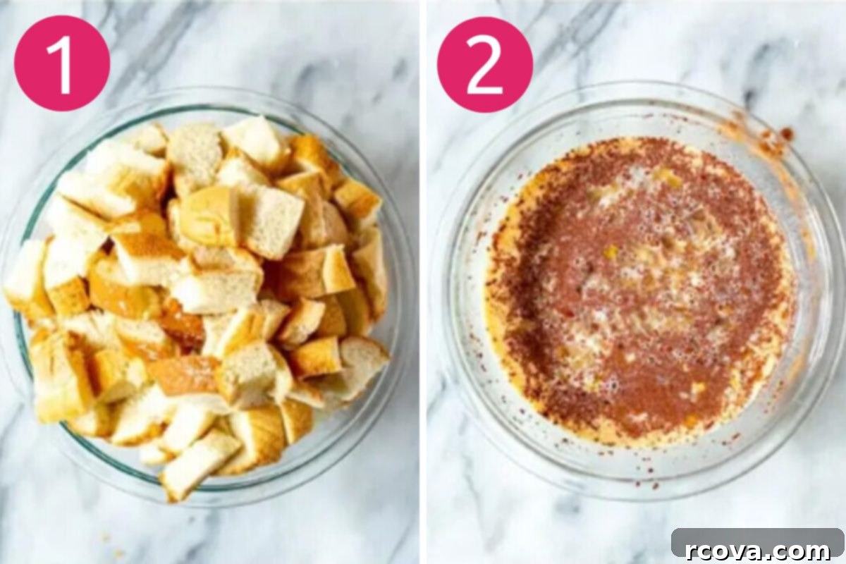 Simple Make-Ahead French Toast Bake 4 Steps 1 and 2 for making French toast casserole