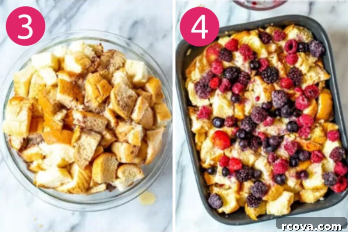 Simple Make-Ahead French Toast Bake 5 Steps 3 and 4 for making French toast casserole