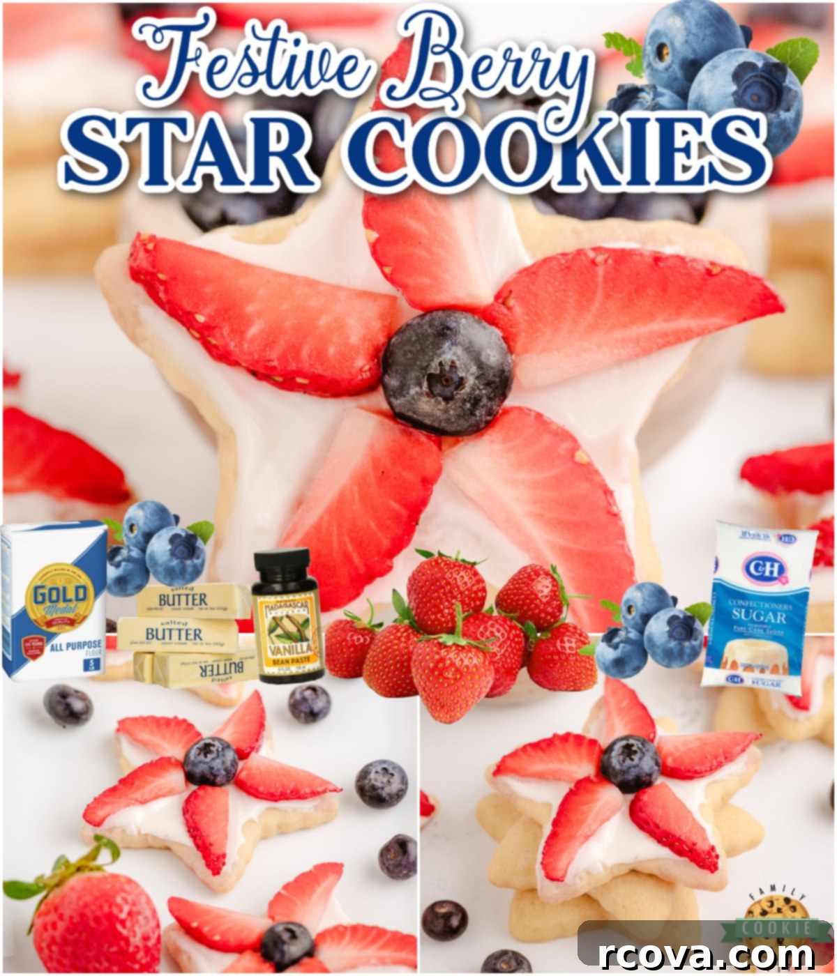 Star-Spangled Berry Cookies 8 4th of July Berry Star Cookies are simple soft sugar cookies cut into star shapes, then baked & topped with our favorite buttercream frosting and berries! Perfect for 4th of July!