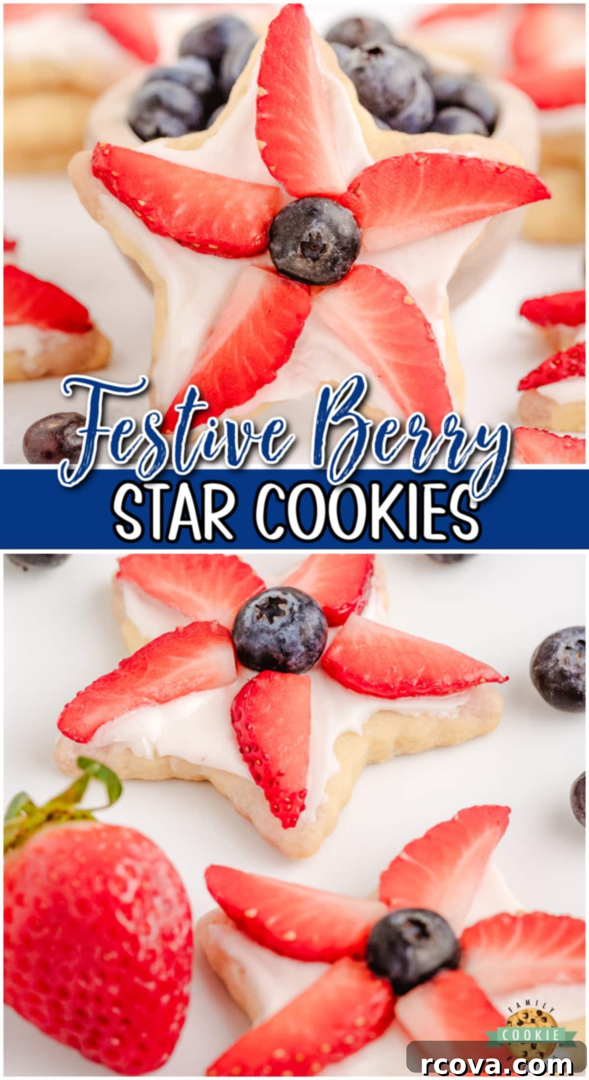 Star-Spangled Berry Cookies 9 4th of July Berry Star Cookies are simple soft sugar cookies cut into star shapes, then baked & topped with our favorite buttercream frosting and berries! Perfect for 4th of July!