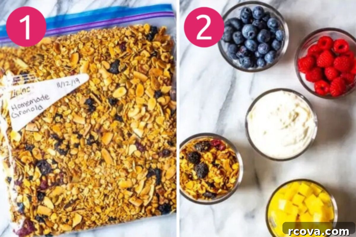Wholesome Grab and Go Parfaits 5 Step-by-step photos: preparing granola and chopping fruit for parfaits